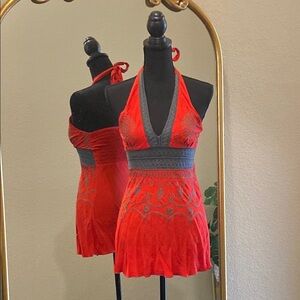 Uluwatu Chic Red Halter Dress/Top with Gray Embroidered Accents Size S